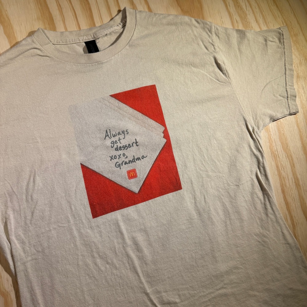 McDonalds Always Get Dessert Grandma Graphic T-Shirt Tan Gildan Heavy Cotton L